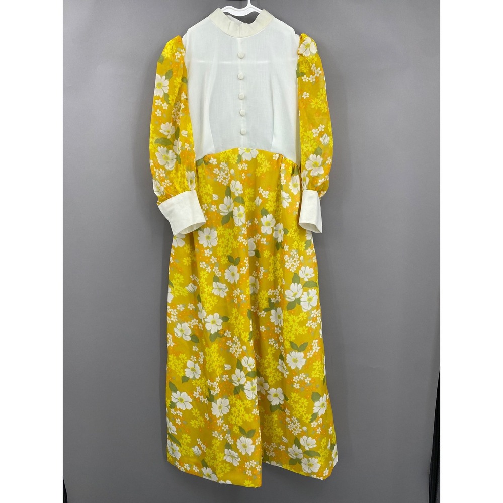 Vintage Flower Power‎ Maxi Dress Womens Small Yellow Floral 70s Mod Psychedelic